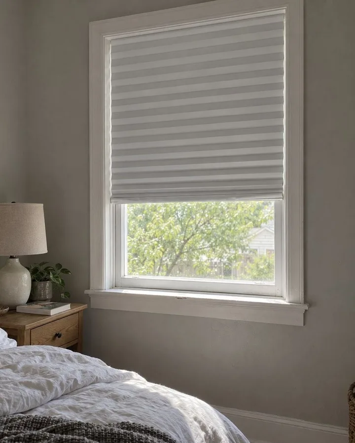 Temporary stick-on pleated shade covering a bedroom window